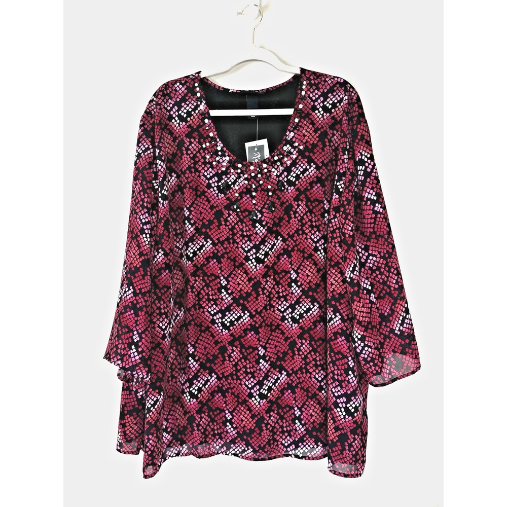Maggie Barnes Embellished Rhinestone Top 4X Lined Chiffon Relaxed Sleeve Office